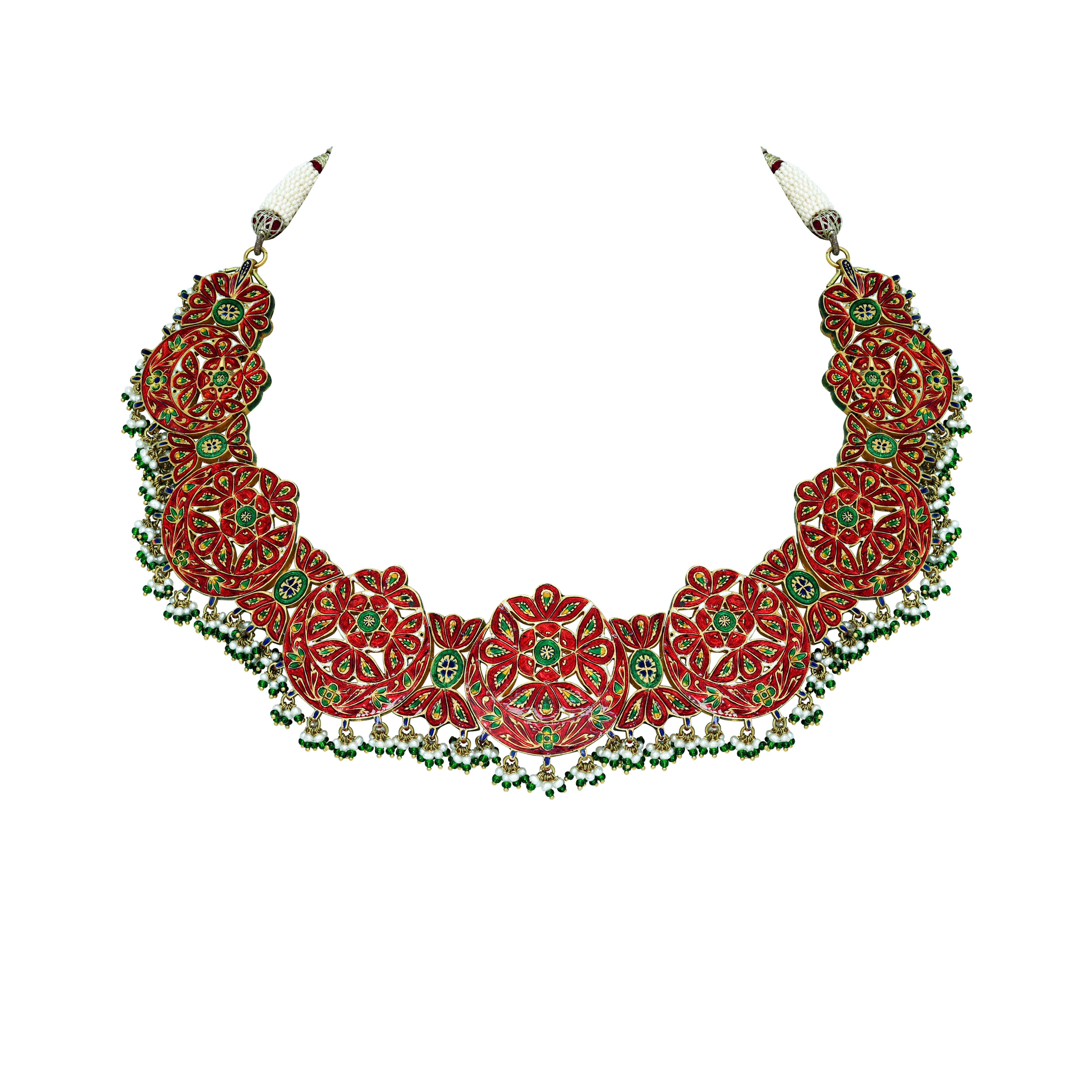 Crescent Polki Necklace Set with Red Talaf, Emeralds, and Pearls